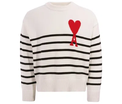 Pre-owned Ami Alexandre Mattiussi Men's Ami Paris Ami De Coeur Striped Sweater In White