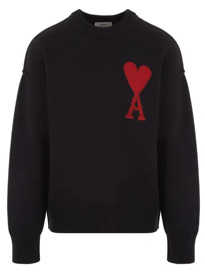 Pre-owned Ami Alexandre Mattiussi Men's Ami Paris Ami De Coeur Sweater In Black/red
