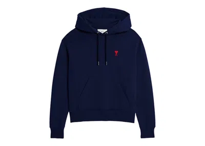Pre-owned Ami Alexandre Mattiussi Men's Ami Paris Ami De Coeur Tonal Small Adc Classic Fit Hoodie In Nautic Blue/red