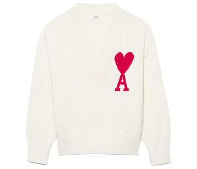 Pre-owned Ami Alexandre Mattiussi Men's Ami Paris Ami De Coeur V Neck Sweater In White