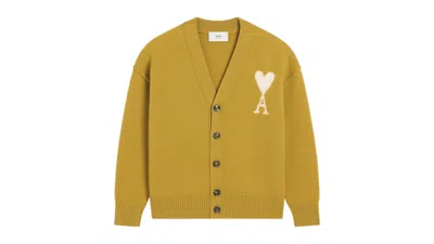Pre-owned Ami Alexandre Mattiussi Men's Ami Paris Felted Merino Mustard Wool De Coeur Cardigan Sweater In Havana/off White In Multi