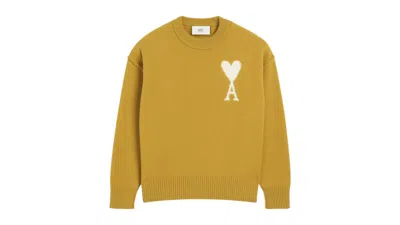 Pre-owned Ami Alexandre Mattiussi Men's Ami Paris Felted Merino Mustard Wool De Coeur Sweater In Havana/off White In Multi