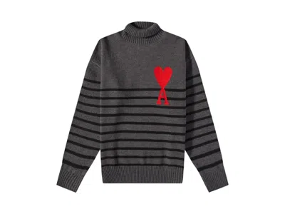 Pre-owned Ami Alexandre Mattiussi Men's Ami Paris Oversize Standup Collar Striped Sweater In Grey/black In Multi