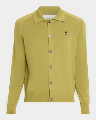 Ami Alexandre Mattiussi Men & Apos;s Embroidered-logo Wool Knit Cardigan In Green