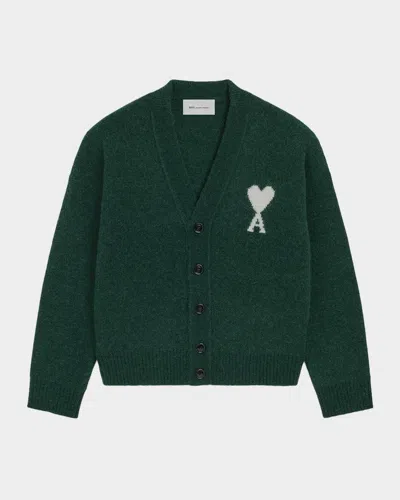 Ami Alexandre Mattiussi Men & Apos;s Intarsia Ami De Caur Knit Cardigan In Green
