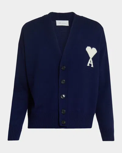 Ami Alexandre Mattiussi Men & Apos;s Intarsia Ami De Coeur Wool And Cotton Knit Cardigan In Blue