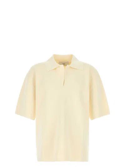 AMI ALEXANDRE MATTIUSSI MEN'S CREAM VISCOSE BLEND OVERSIZE POLO SHIRT