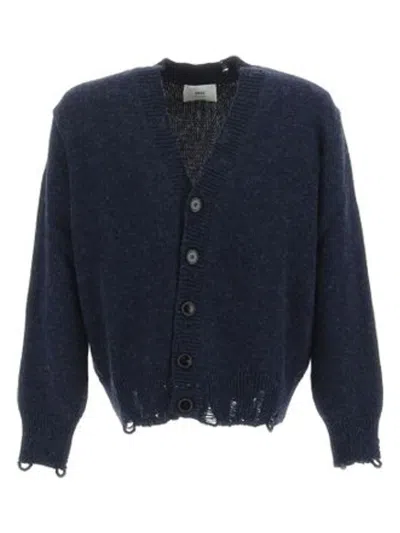 Ami Alexandre Mattiussi Men's Distressed Cotton V Neck Cardigan In Nightblue
