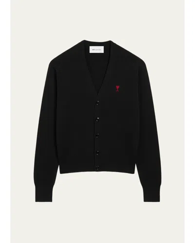 Ami Alexandre Mattiussi Men's Merino Wool Ami De Coeur V-neck Cardigan In Black