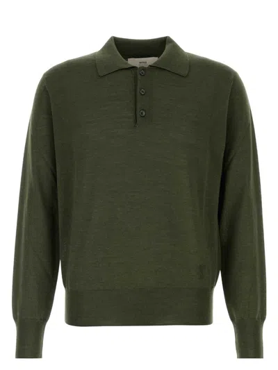 AMI ALEXANDRE MATTIUSSI MEN'S OLIVE WOOL BLEND POLO SHIRT