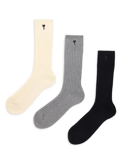 Ami Alexandre Mattiussi Men's Quota Rib-knit Cotton-blend Socks 3-pack In Multi