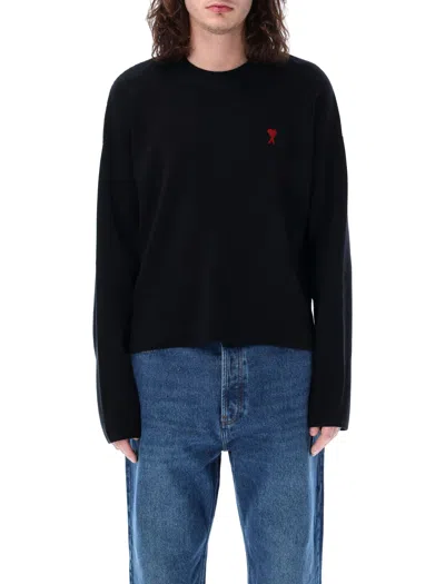 Ami Alexandre Mattiussi Men's Red Cropped Wool Blend Sweater With Embroidered Heart By Ami Paris In Black