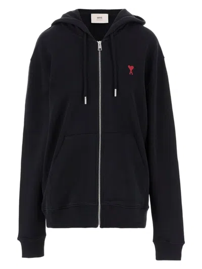 AMI ALEXANDRE MATTIUSSI MEN'S ZIP-UP SWEATSHIRT AMI DE COEUR BLACK | SIZE MEDIUM | BFUSW435730