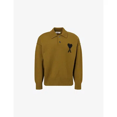 Ami Alexandre Mattiussi Mens Bronze/noir Ami De Coeur Logo-intarsia Wool Knitted Jumper In Gold