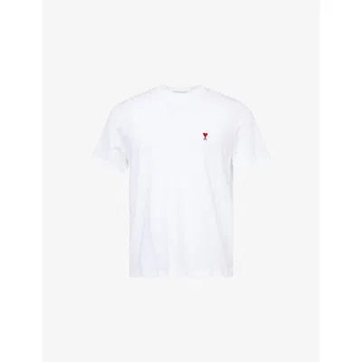 AMI ALEXANDRE MATTIUSSI MENS BLANC REGULAR-FIT EMBROIDERED-LOGO COTTON-JERSEY T-SHIRT