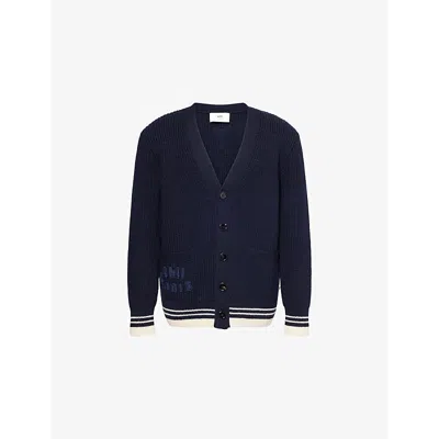 Ami Alexandre Mattiussi Mens Logo-embroidered Ribbed-knit Wool Cardigan Bleu Marine In Blue