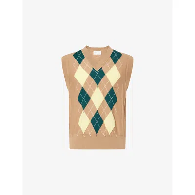 Ami Alexandre Mattiussi Brown Wool And Cotton Argyle Intarsia Sleeveless Sweater Beige