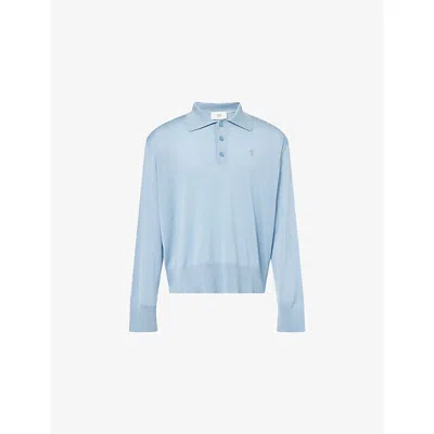 Ami Alexandre Mattiussi Mens Ciel Logo-embroidery Long-sleeve Wool-blend Knitted Polo Shirt Xl In Blue