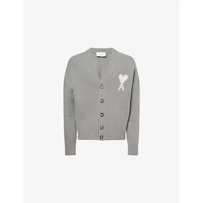 Ami Alexandre Mattiussi Mens Gris/ecru Logo-intarsia Brushed Wool-blend Cardigan Xl In Gray