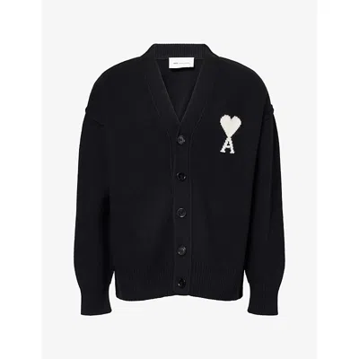 Ami Alexandre Mattiussi Mens Intarsia-logo V-neck Wool Cardigan Black/off-white Xs