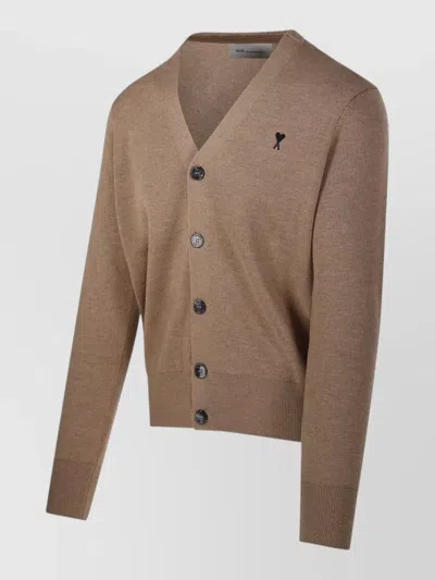 Ami Alexandre Mattiussi Ami Paris V-neck Wool Cardigan With Contrast Embroidered Logo In Neutral