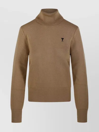 Ami Alexandre Mattiussi Merino Knit Turtleneck Sweater With Ribbed Cuffs And Hem In Neutral