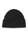 Ami Alexandre Mattiussi Ami Paris Men Black Ribbed Knit Beanie With Logo Embroidery On The Front In Wool Man In Black