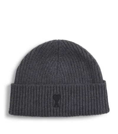Ami Alexandre Mattiussi Merino Logo Beanie In Gray