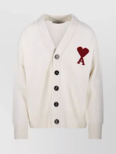Ami Alexandre Mattiussi Merino V Neck Cardigan With Long Sleeves In Neutral