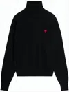Ami Alexandre Mattiussi Merino Wool Black Turtleneck Sweater With Heart Logo In Black
