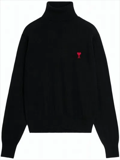 AMI ALEXANDRE MATTIUSSI MERINO WOOL BLACK TURTLENECK SWEATER WITH HEART LOGO