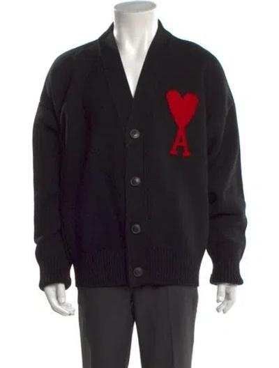Pre-owned Ami Alexandre Mattiussi Merino Wool Graphic Print Cardigan In Black
