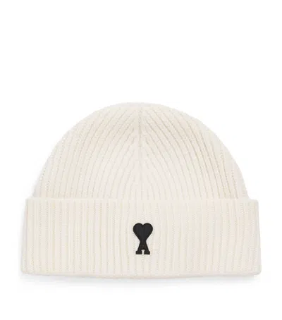 Ami Alexandre Mattiussi Merino Wool Logo Beanie In Neutral