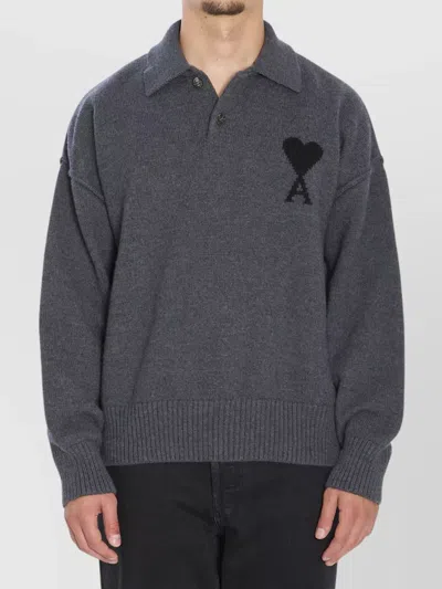 AMI ALEXANDRE MATTIUSSI MERINO WOOL LONG SLEEVE POLO SHIRT