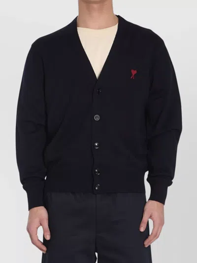 AMI ALEXANDRE MATTIUSSI MERINO WOOL V-NECK RIBBED CARDIGAN