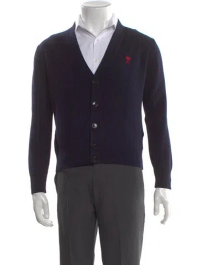 Pre-owned Ami Alexandre Mattiussi Merino Wool V-neck Cardigan In Blue