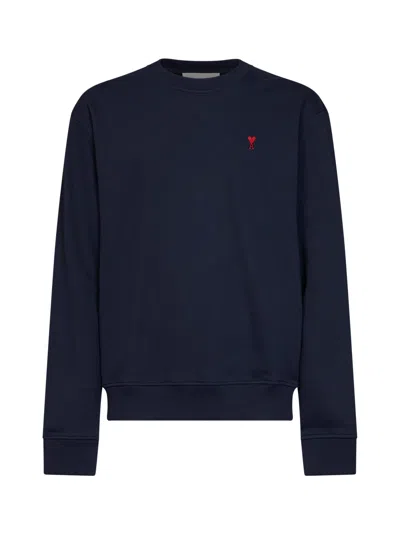 Ami Alexandre Mattiussi Ami Paris Relaxed Fit Cotton Crewneck Sweatshirt With Contrast Embroidered Logo In Blue