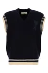 Ami Alexandre Mattiussi Midnight Wool V-neck Vest With Ribbed Texture In Navyblue