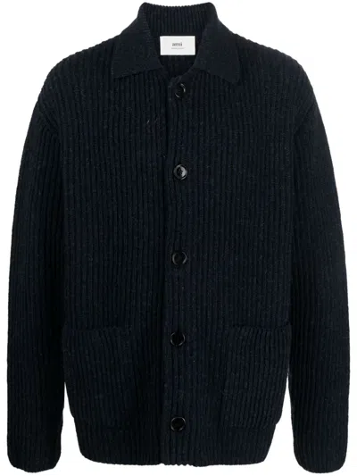 Ami Alexandre Mattiussi Midnight Wool Ribbed Knit Cardigan For Men In Blue