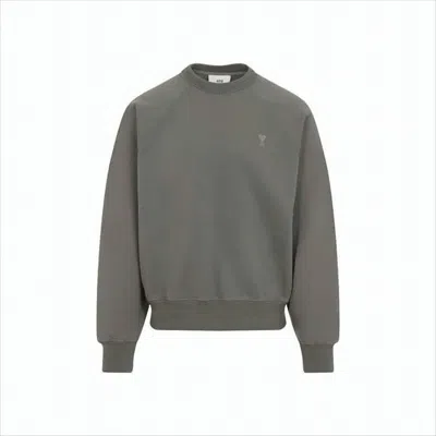 Ami Alexandre Mattiussi Minimalist Grey Long-sleeve Crewneck Sweatshirt With Embroidered Logo In Gray