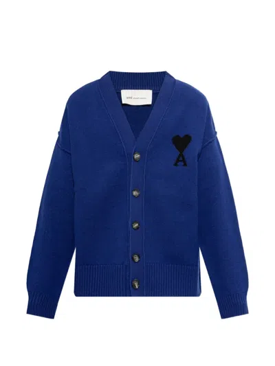 Ami Alexandre Mattiussi Natural Wool Cardigan With Ami De Coeur In Blue