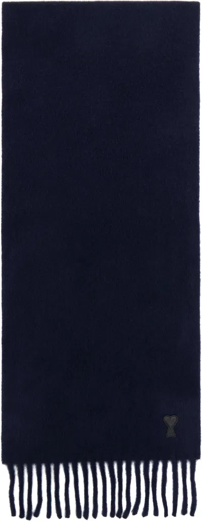 Ami Alexandre Mattiussi Navy Ami De Coeur Leather Patch Scarf In Navy Blue/4011