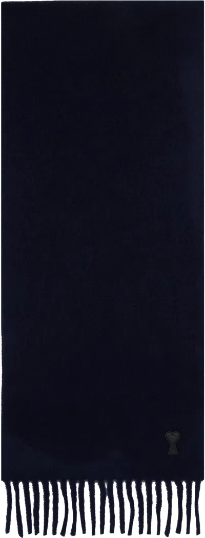 Ami Alexandre Mattiussi Navy Ami De Coeur Leather Patch Scarf In Navy Blue/4011