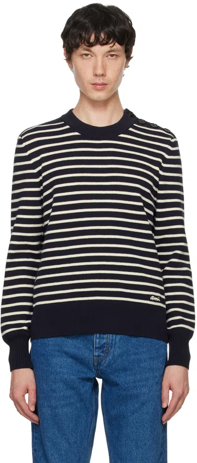 Ami Alexandre Mattiussi Ami Striped Sweater With Cotton-wool Blend And Button Detail In Blue