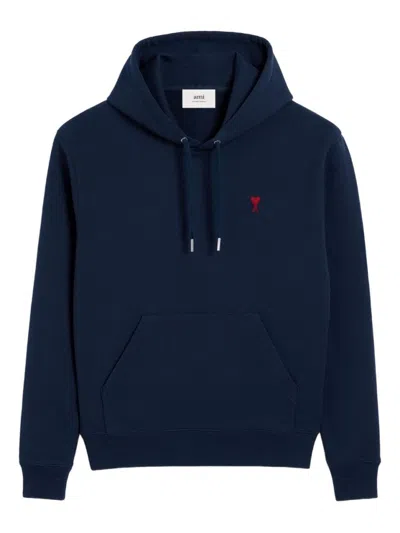 AMI ALEXANDRE MATTIUSSI NAVY BLUE COTTON JERSEY HOODIE WITH SIGNATURE MONOGRAM
