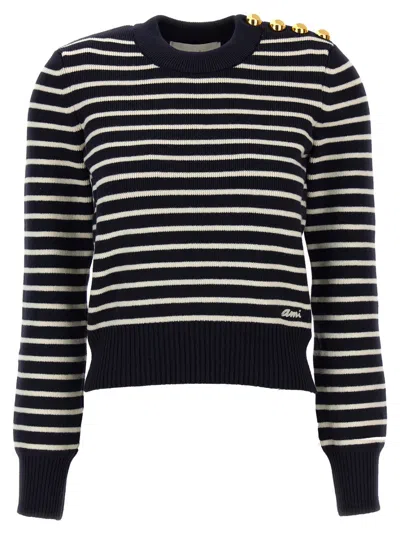AMI ALEXANDRE MATTIUSSI NAVY BLUE EMBROIDERED LOGO SWEATER