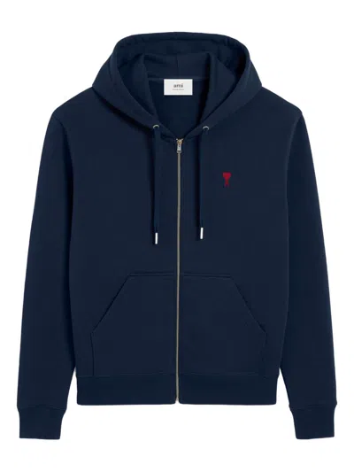 Ami Alexandre Mattiussi Navy Blue Zip-up Hoodie With Drawstring And Embroidered Detail