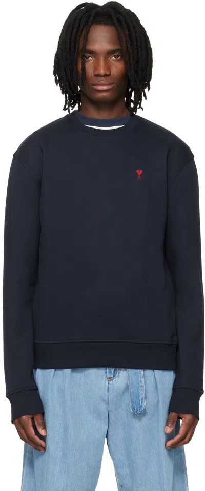 Ami Alexandre Mattiussi Classic Crew Neck Sweater In Dark Navy With Embroidered Logo In Blue