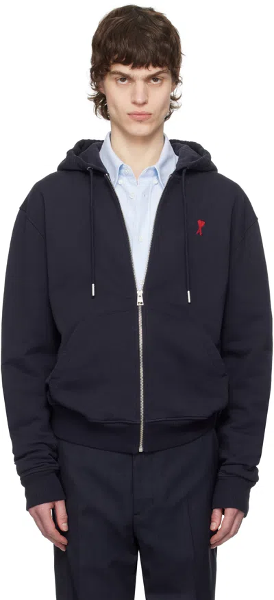 Ami Alexandre Mattiussi Navy Cotton Ami De Coeur Zipped Hoodie In 430 Night Blue