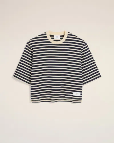 AMI ALEXANDRE MATTIUSSI NAVY RECYCLED COTTON LOOSE STRIPED T-SHIRT BLUE